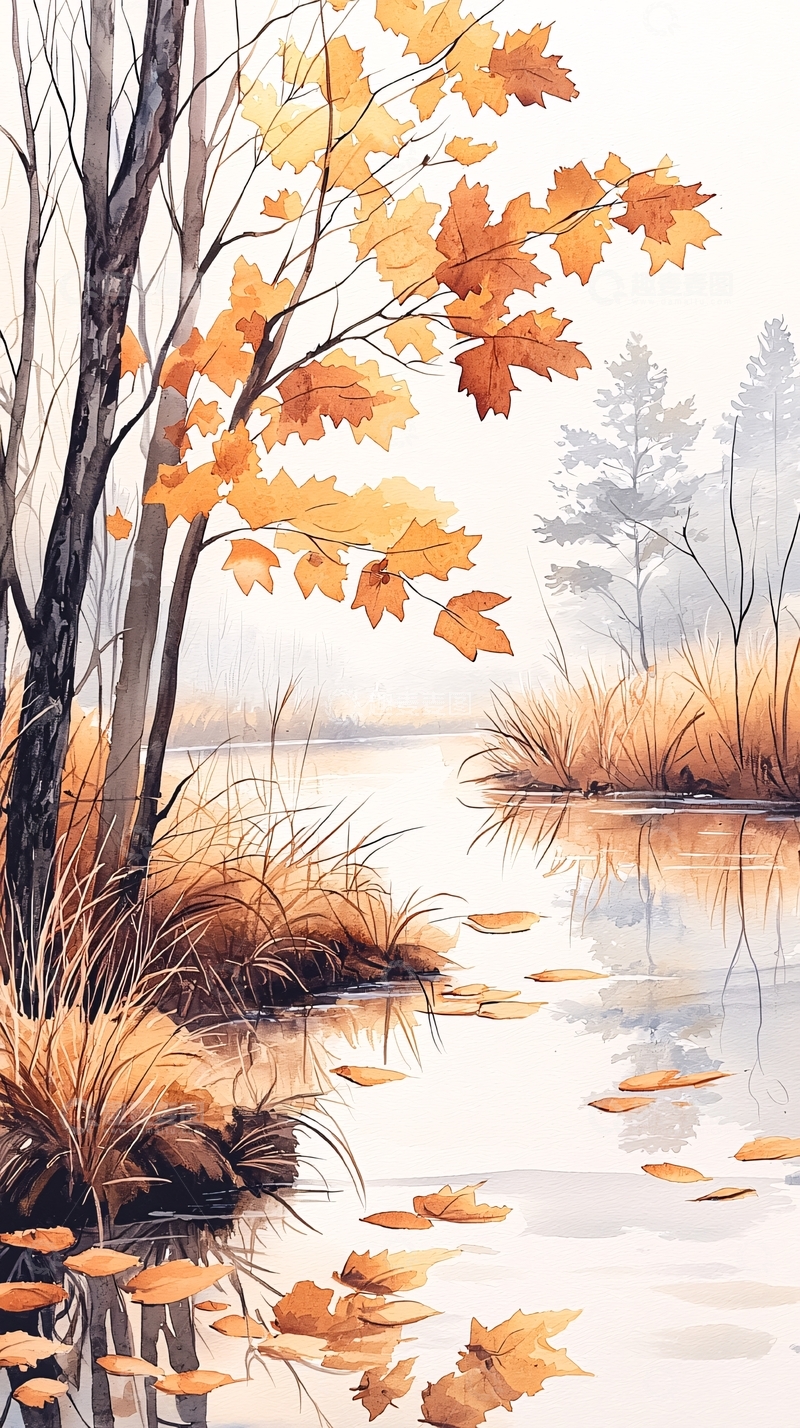 高清大图下载【趣麦麦图】秋日湖畔落叶静谧图