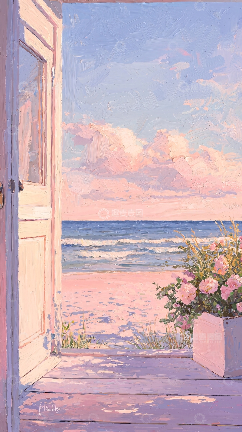 高清大图下载【趣麦麦图】海景门廊与粉色花朵