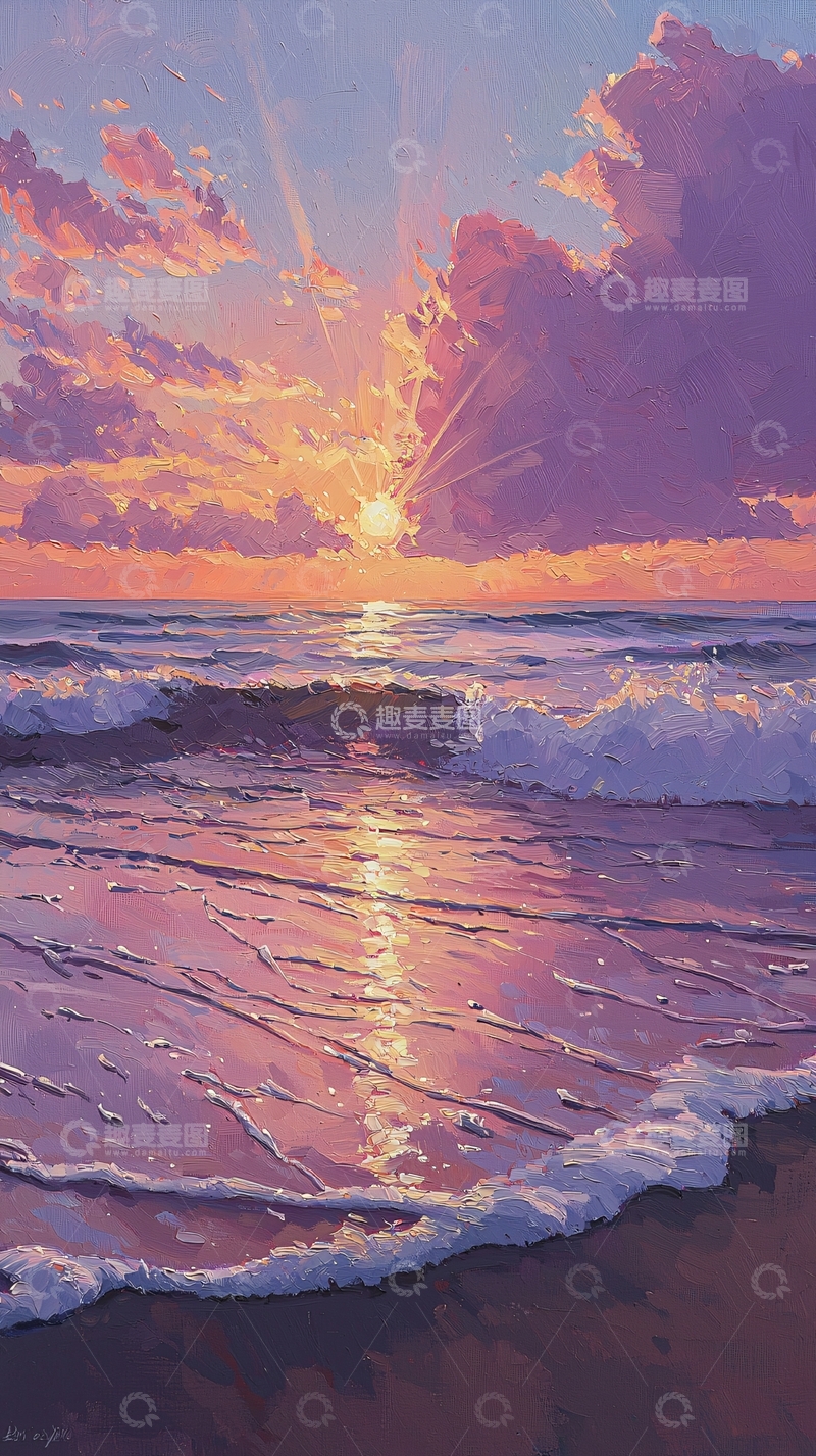 高清大图下载【趣麦麦图】日落海滩油画风景