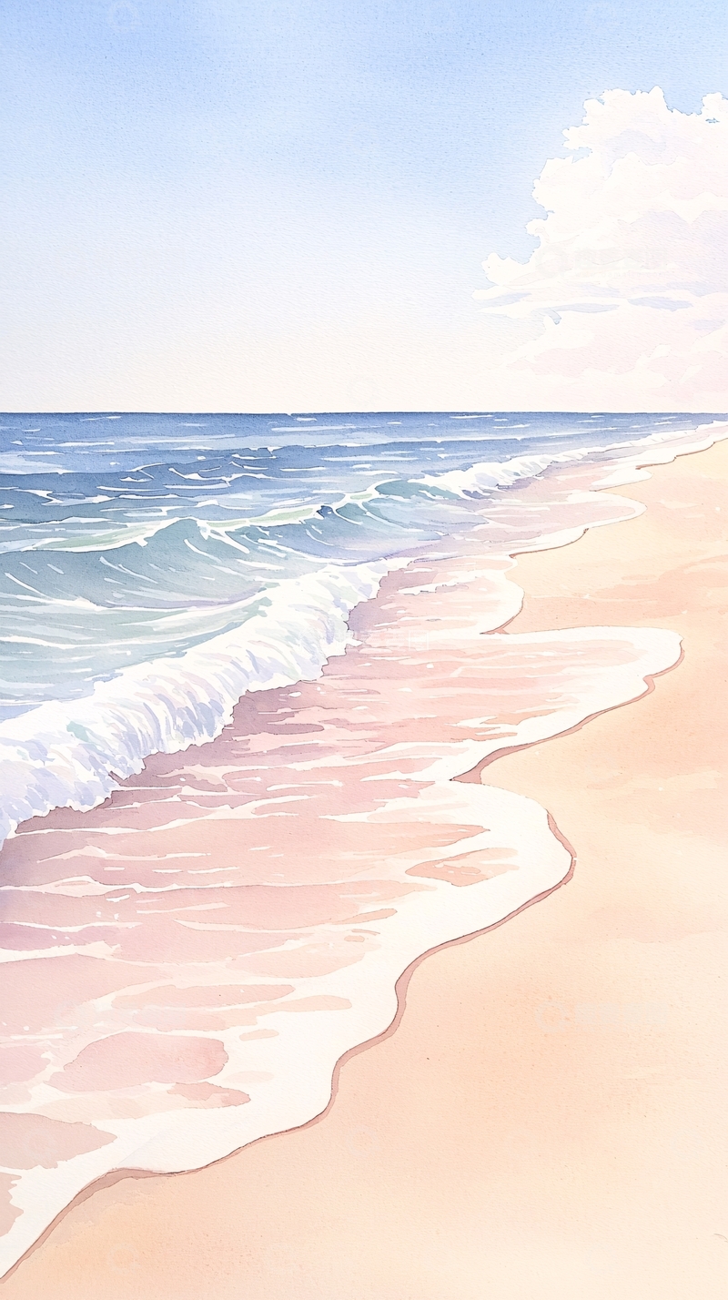 高清大图下载【趣麦麦图】粉色沙滩与海浪的水彩画