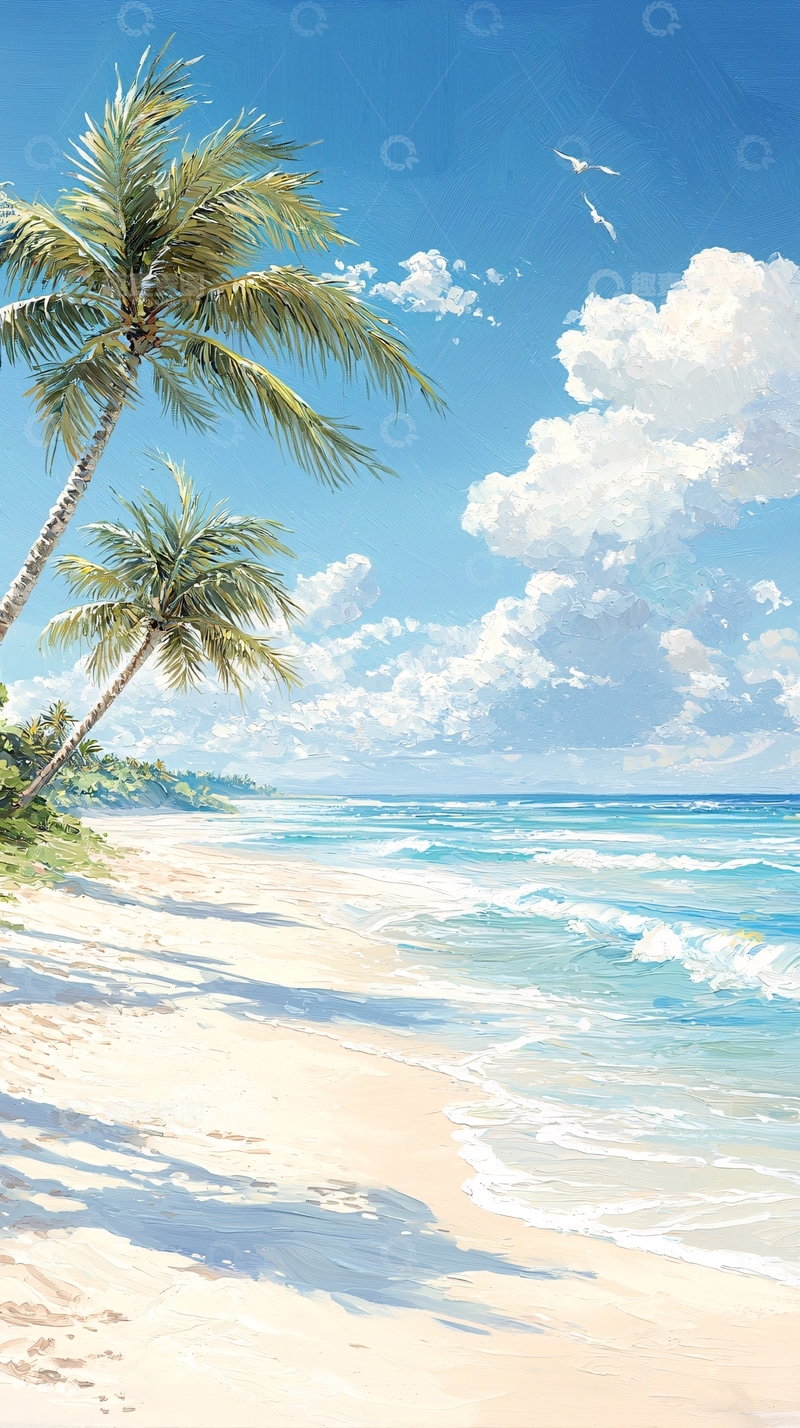 高清大图下载【趣麦麦图】热带海滩椰树蓝天白云