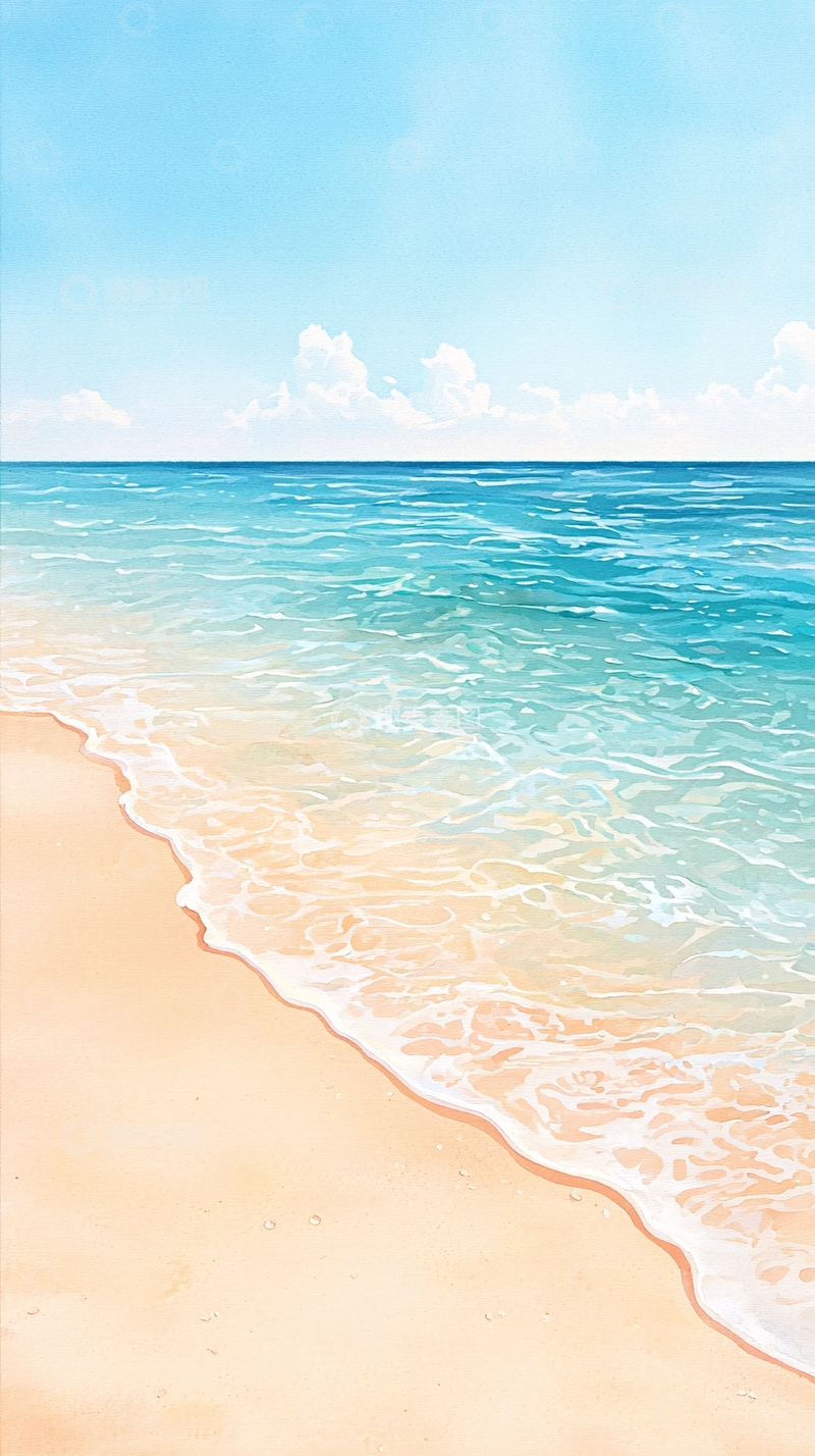 高清大图下载【趣麦麦图】海滩海浪沙滩风景画