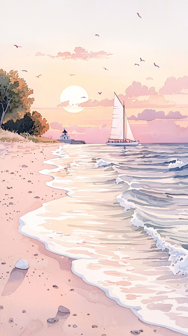 高清大图下载【趣麦麦图】夕阳下的帆船与海滩