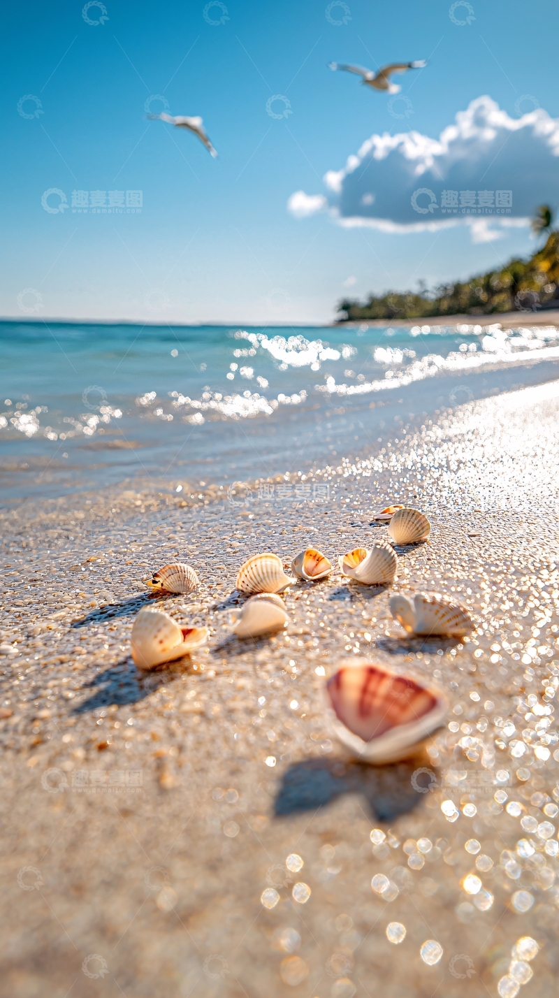 高清大图下载【趣麦麦图】海滩上的贝壳与海浪