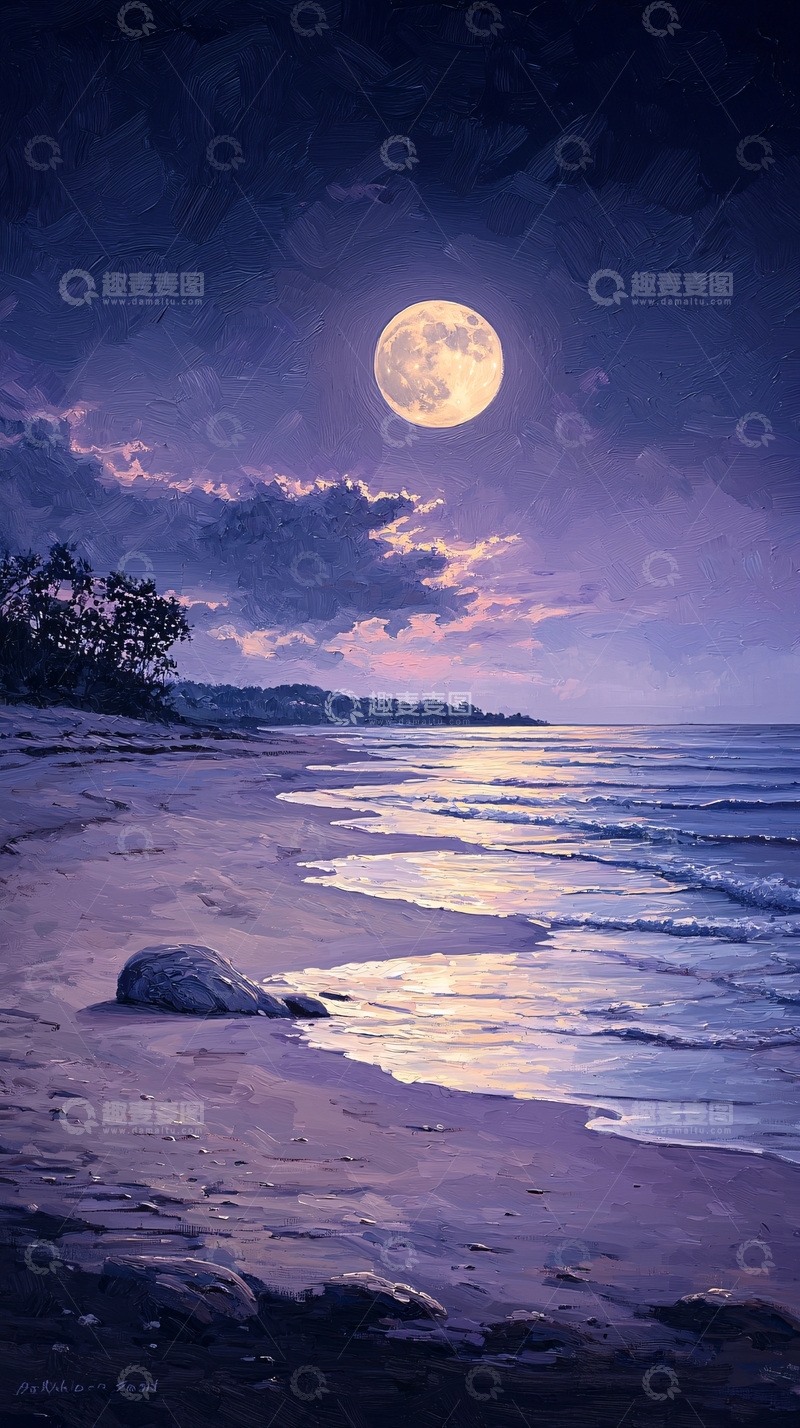 高清大图下载【趣麦麦图】月光下的海滩夜景