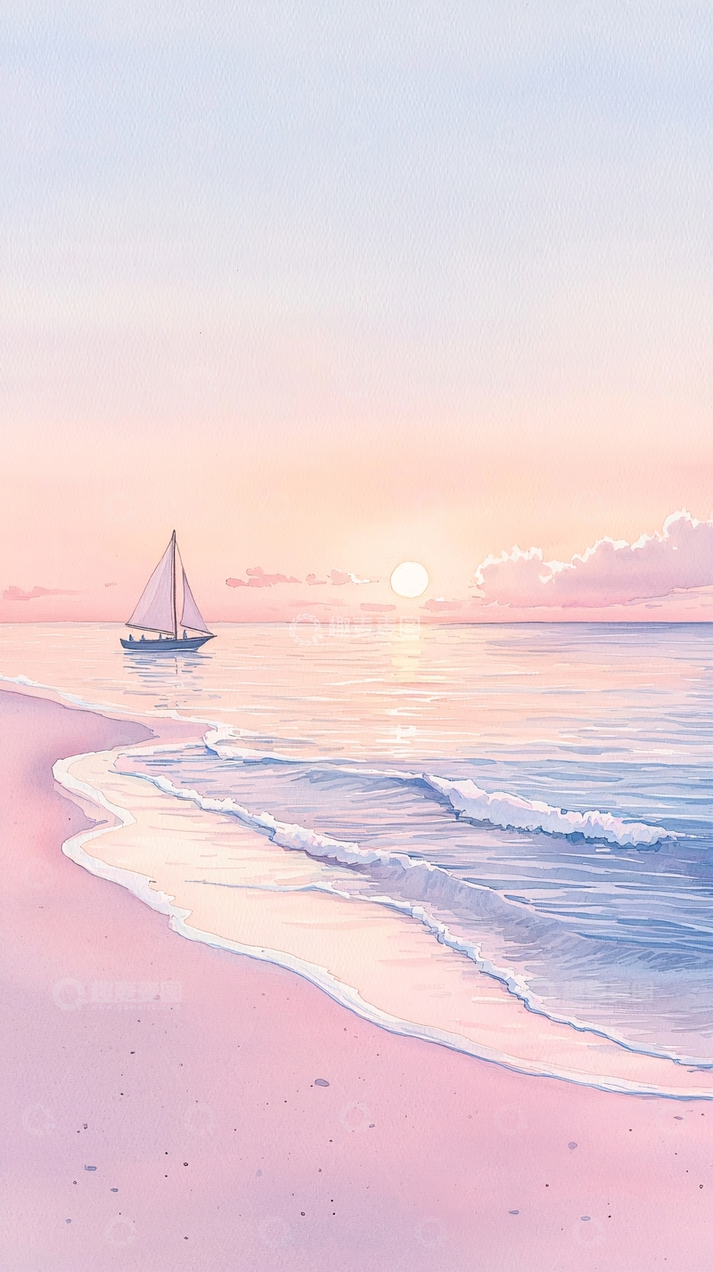 高清大图下载【趣麦麦图】夕阳下的帆船与粉色沙滩