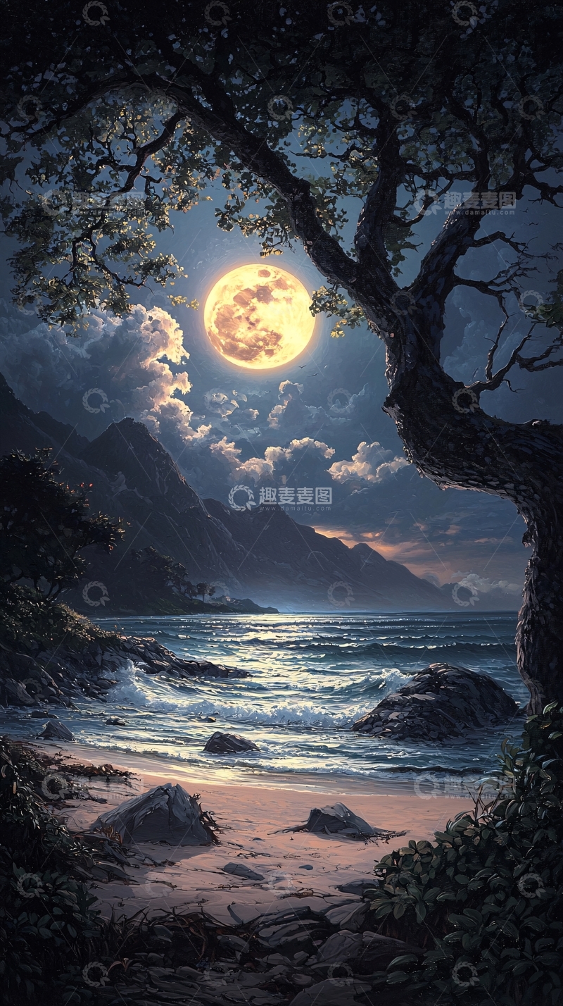 高清大图下载【趣麦麦图】月光下的海滩夜景