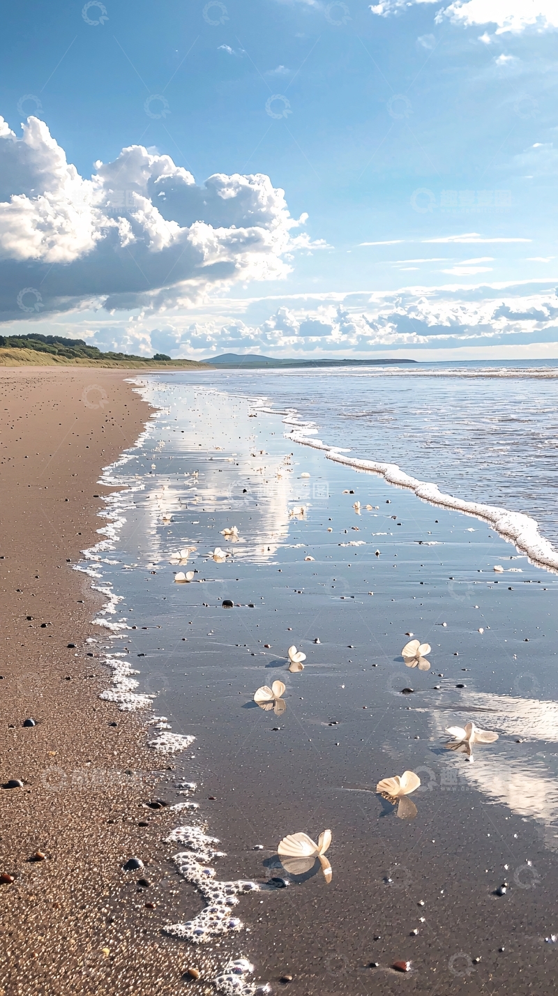 高清大图下载【趣麦麦图】海滩上的贝壳与海浪