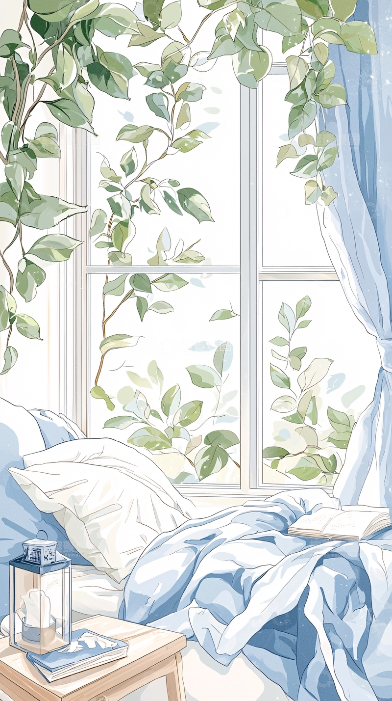 高清大图下载【趣麦麦图】温馨卧室窗边植物插画