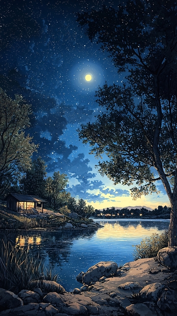 月光下的湖边小屋