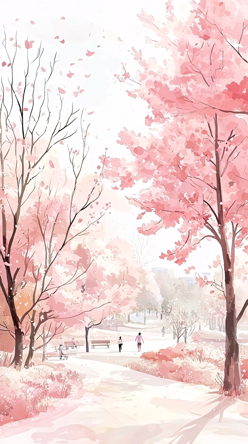 高清大图下载【趣麦麦图】樱花树下散步的浪漫场景
