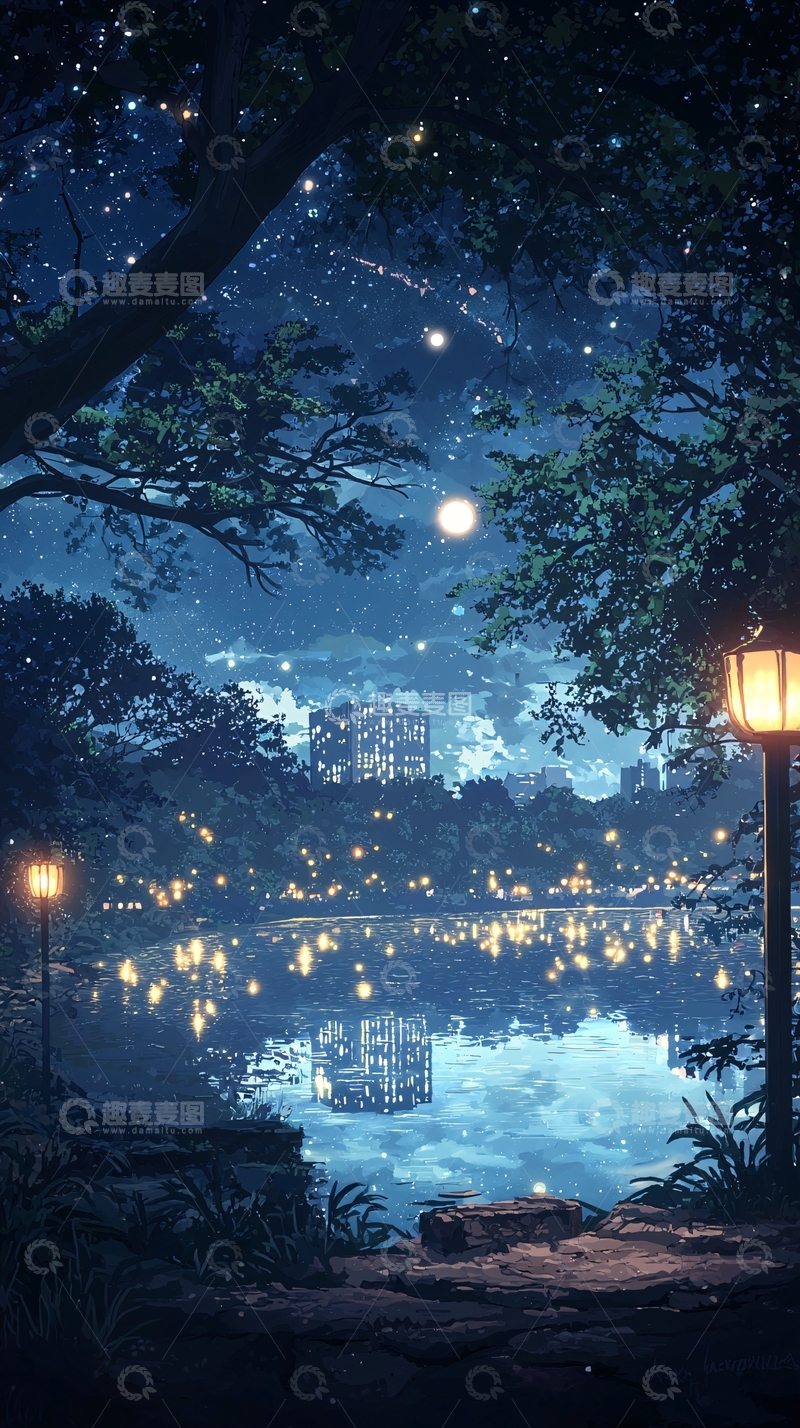高清大图下载【趣麦麦图】夜晚湖边灯光下的宁静场景