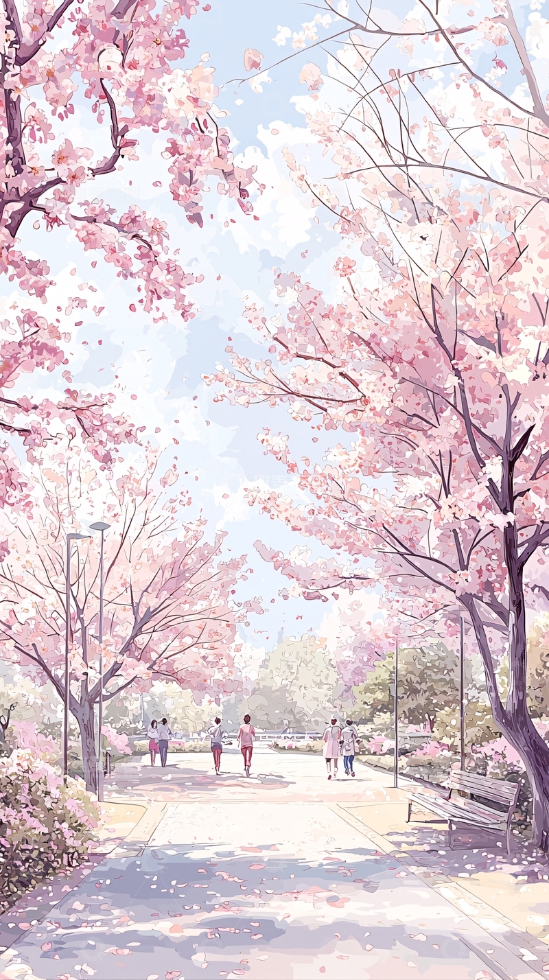 高清大图下载【趣麦麦图】樱花树下散步的风景