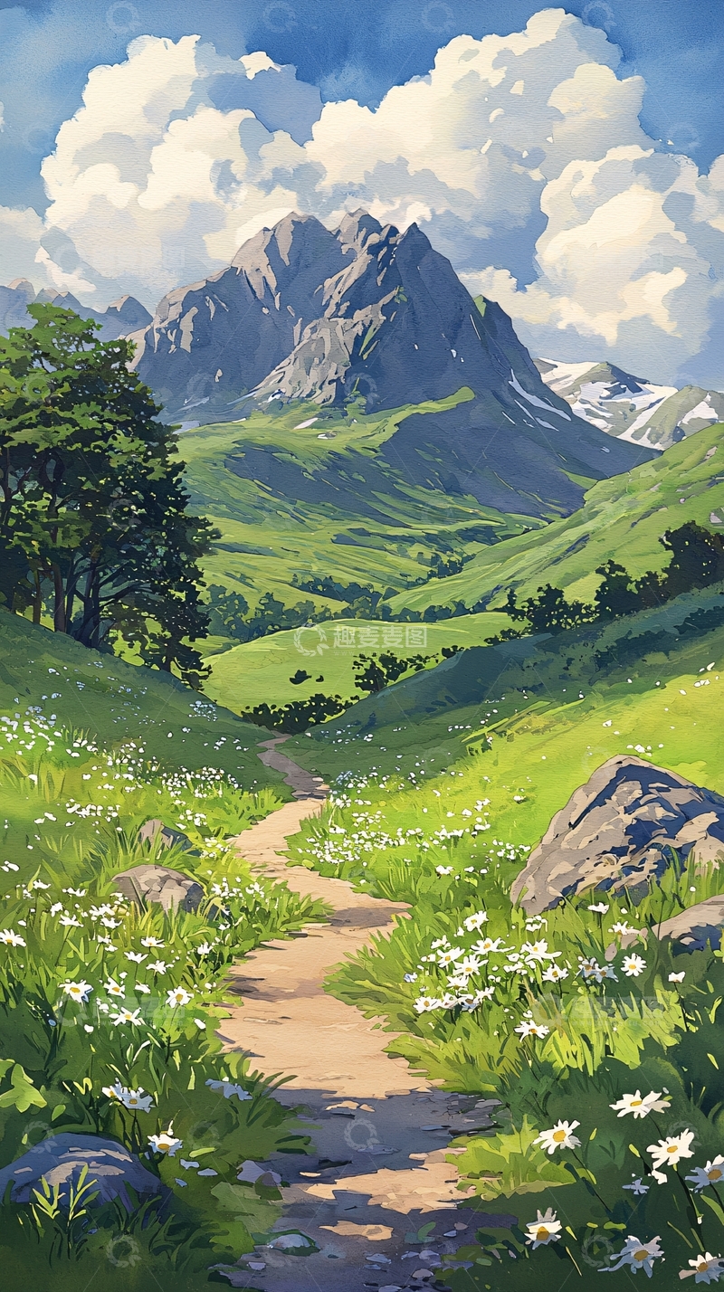 高清大图下载【趣麦麦图】山间小径与绿野花海
