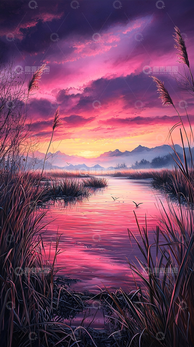 高清大图下载【趣麦麦图】梦幻日落湖畔风景