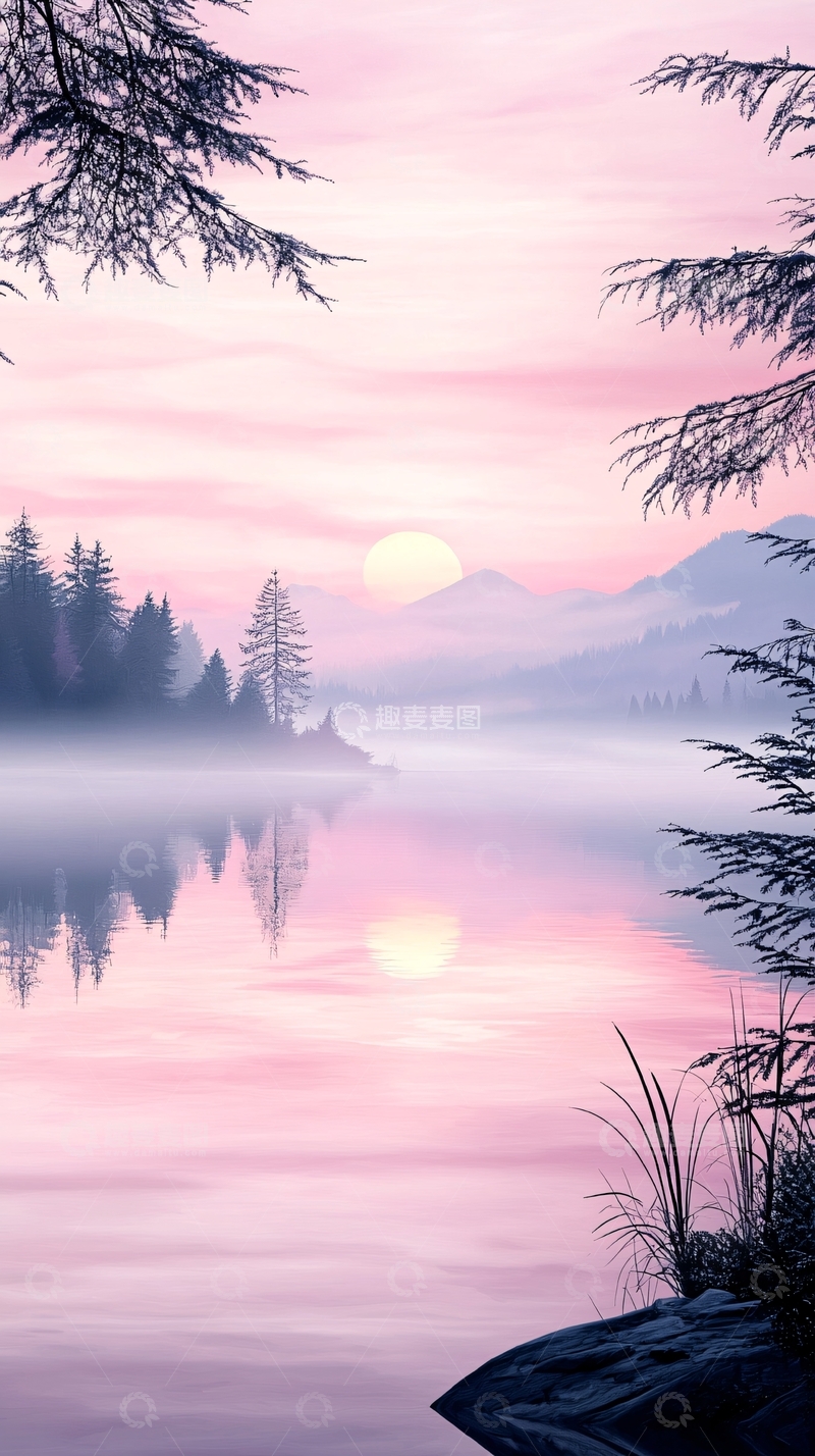 高清大图下载【趣麦麦图】晨雾中的湖畔日出