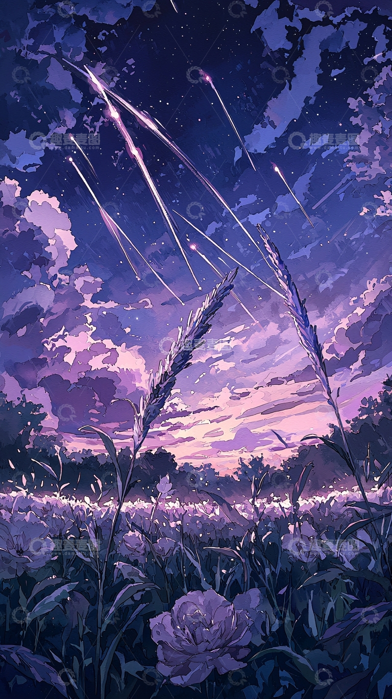 高清大图下载【趣麦麦图】紫色星空下的薰衣草田野