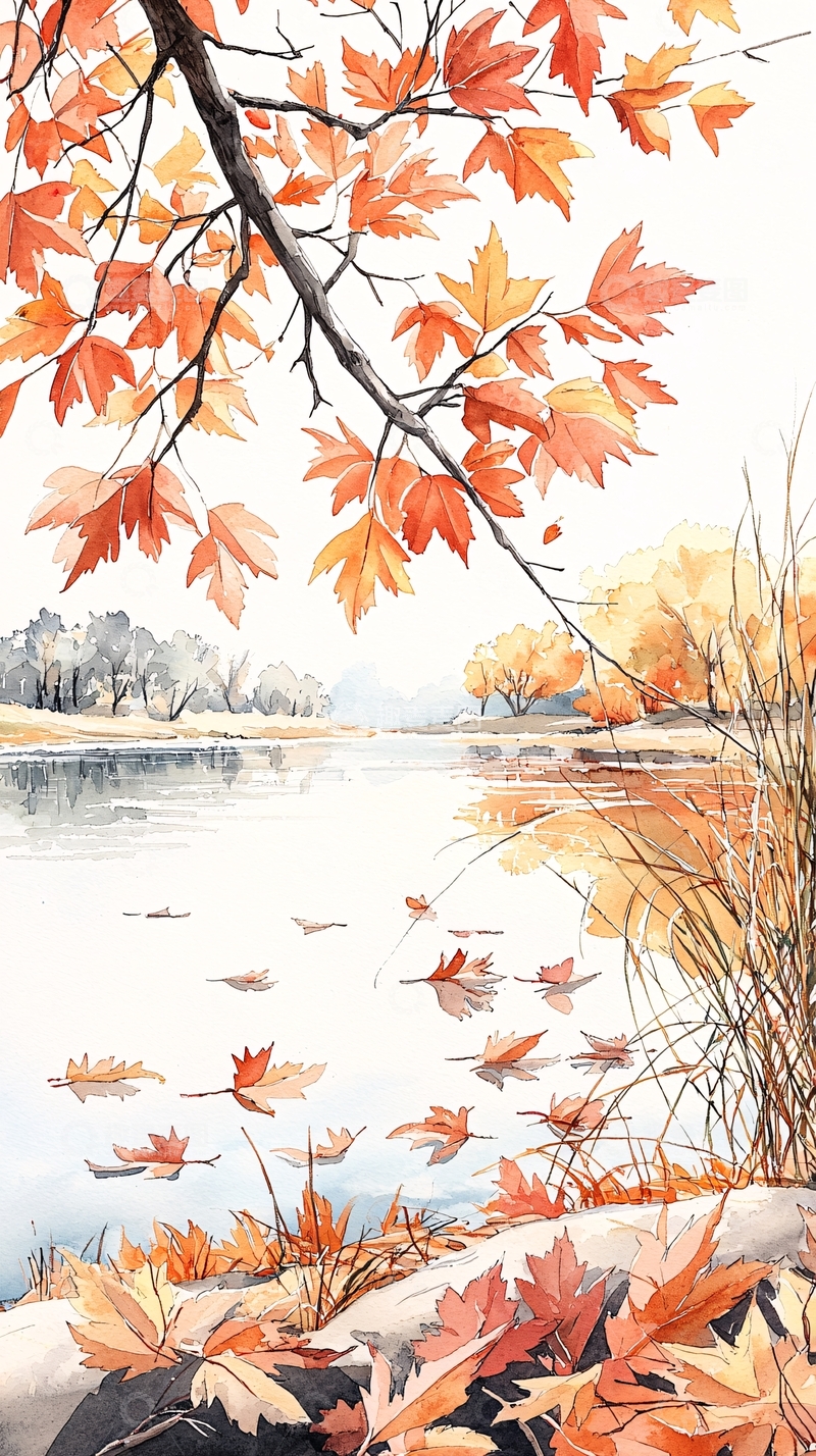 高清大图下载【趣麦麦图】秋日湖畔落叶风景