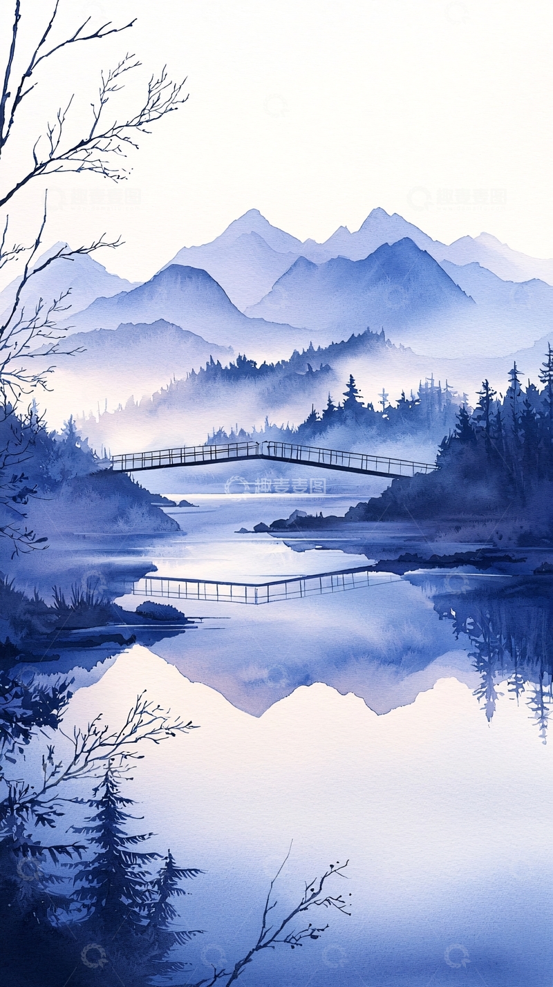 高清大图下载【趣麦麦图】雾中山水桥景图