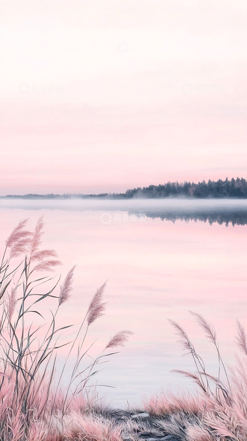 高清大图下载【趣麦麦图】晨雾湖畔芦苇风景