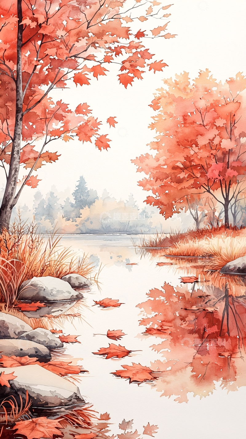 高清大图下载【趣麦麦图】秋日湖畔落叶风景