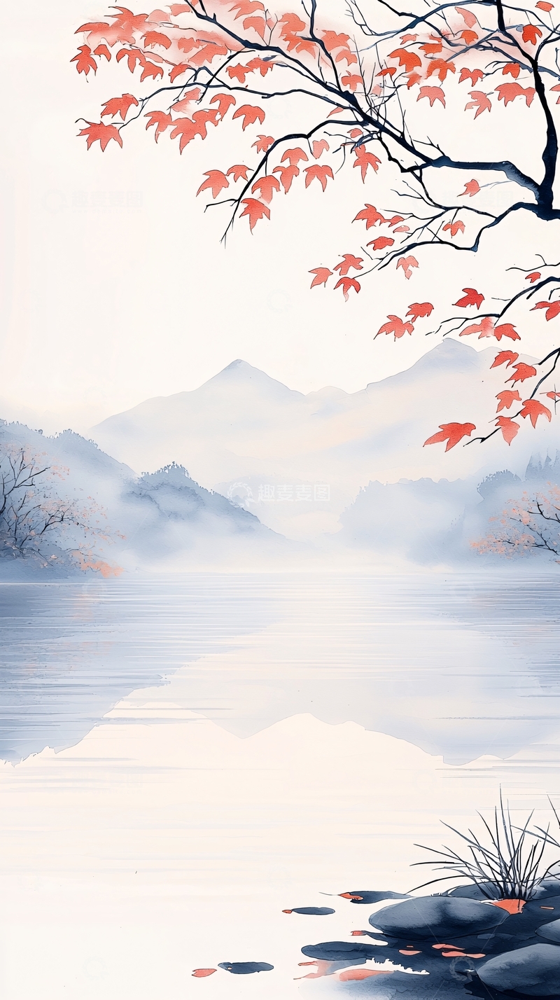 高清大图下载【趣麦麦图】秋日湖畔雾山图
