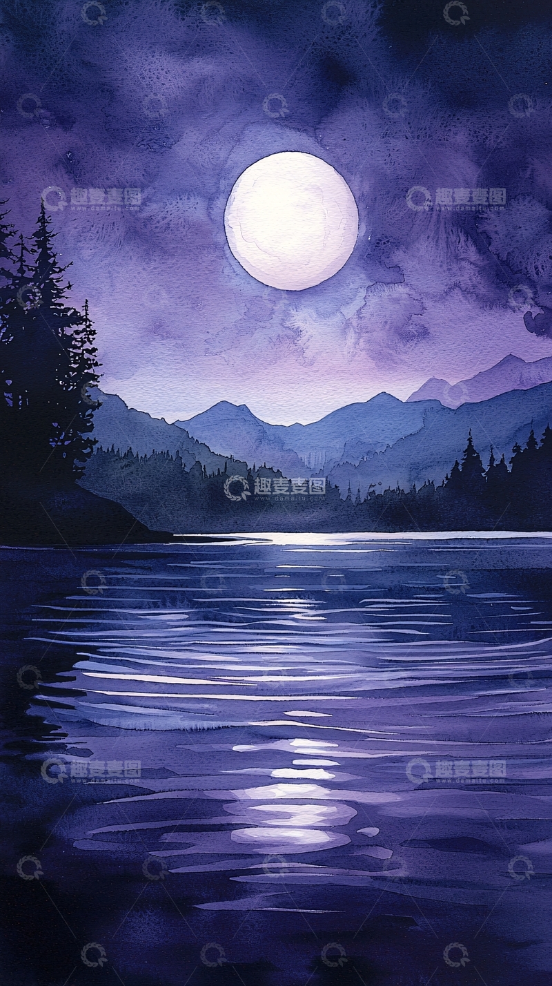 高清大图下载【趣麦麦图】月光下的湖畔夜景