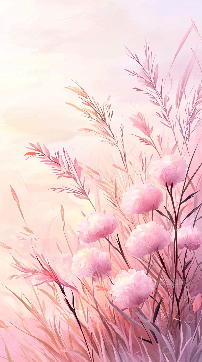 高清大图下载【趣麦麦图】粉色花朵与草丛背景