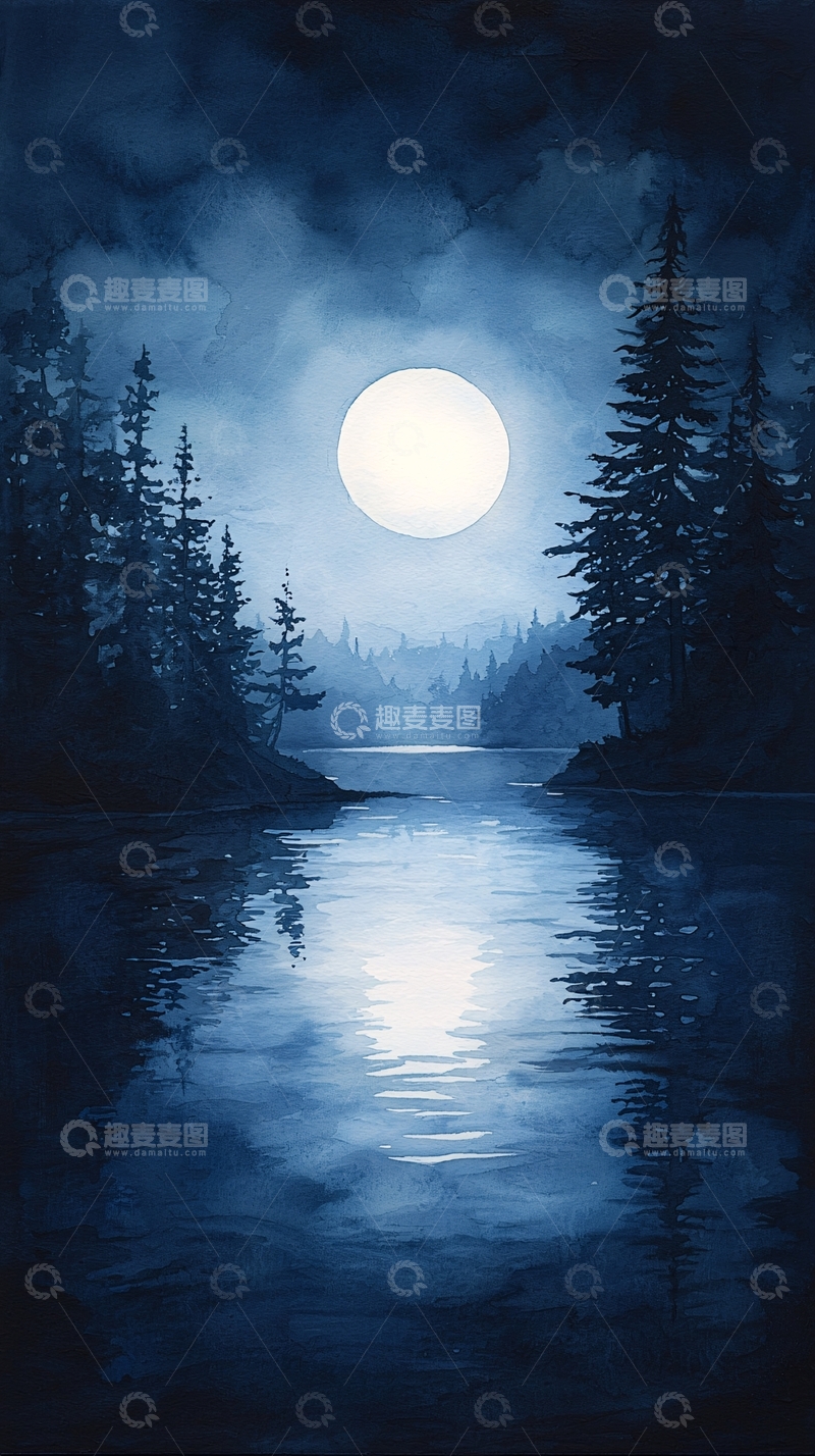 高清大图下载【趣麦麦图】月光下的宁静森林