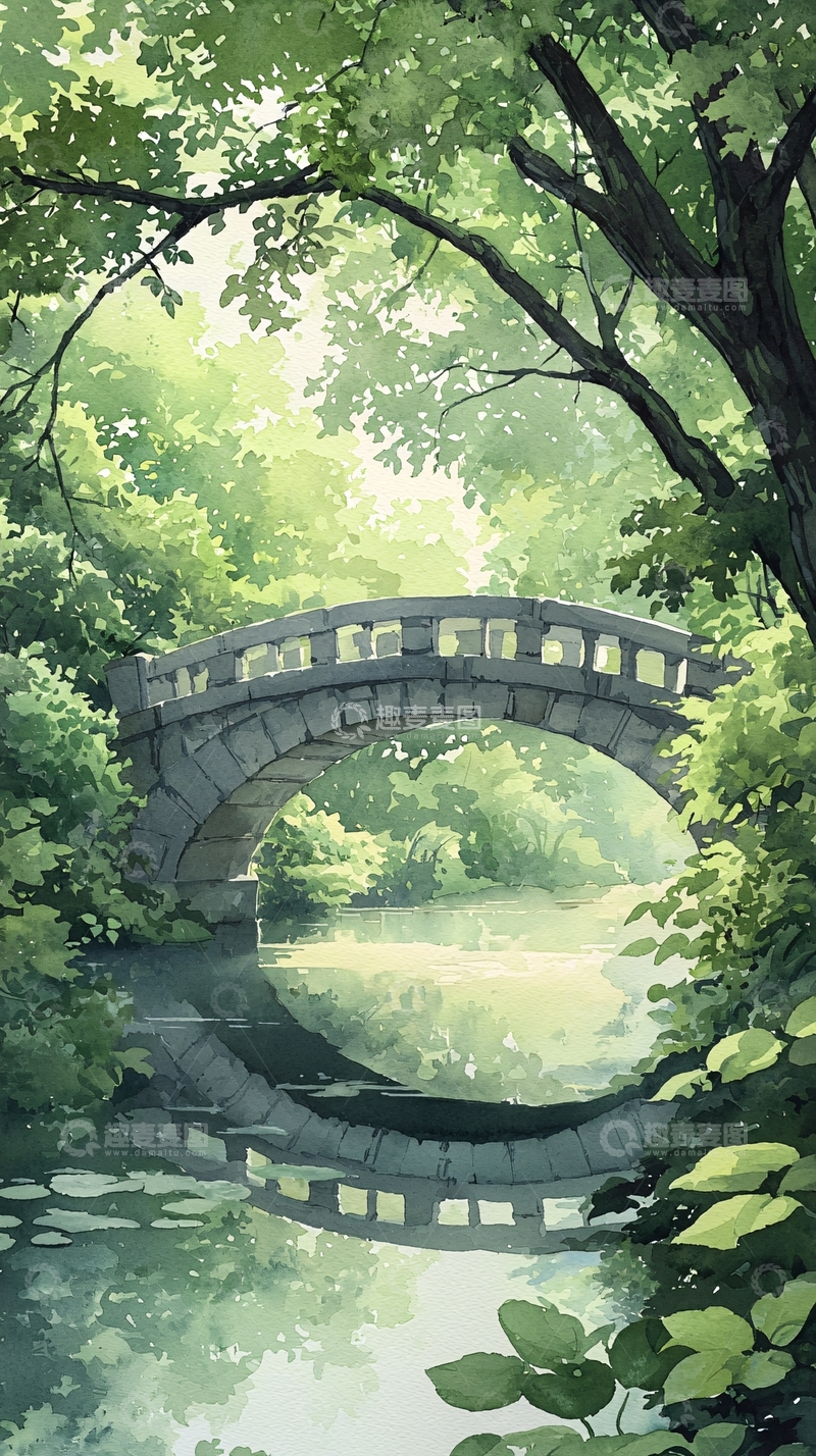 高清大图下载【趣麦麦图】绿色森林中的石桥