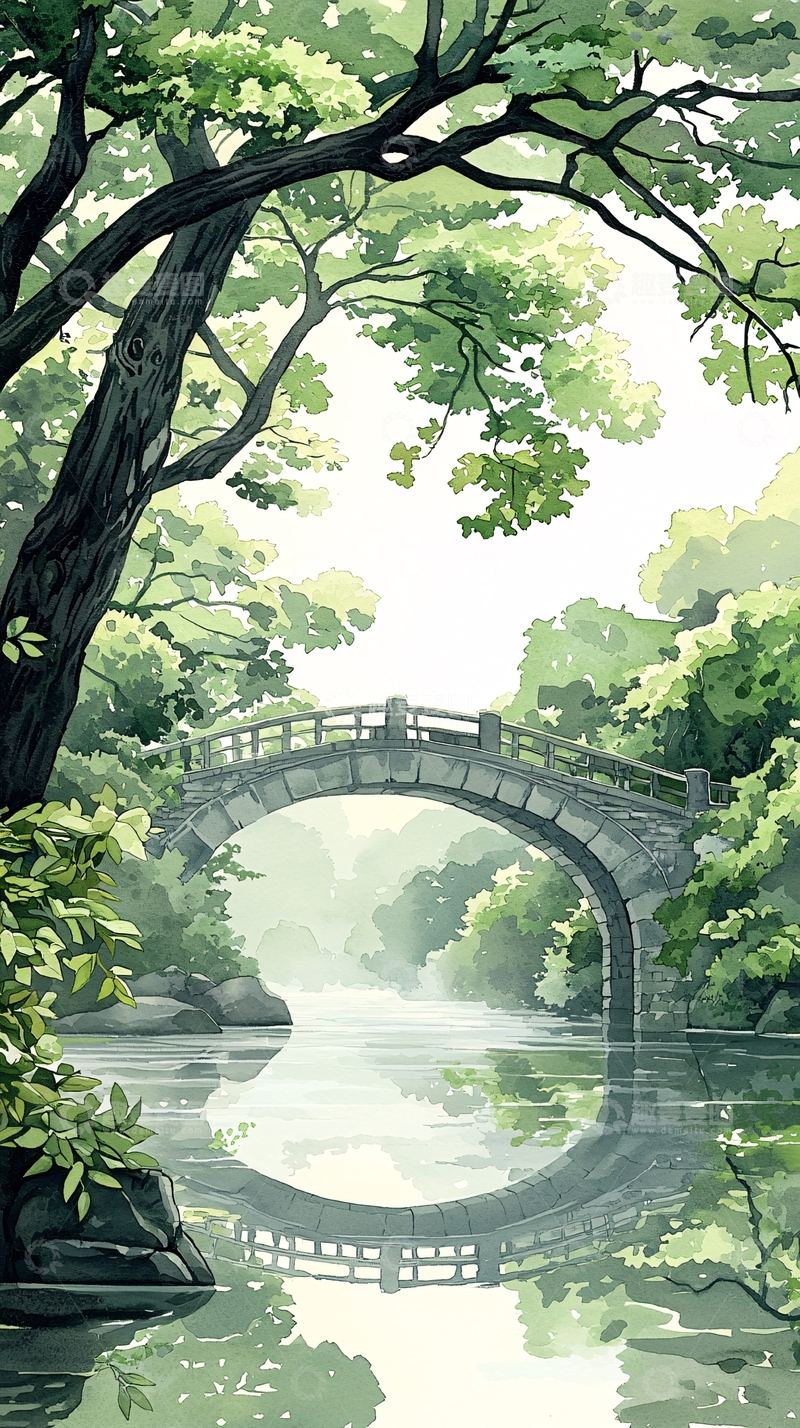 高清大图下载【趣麦麦图】绿树环绕的小桥流水风景图