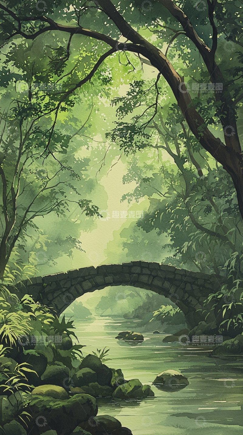 高清大图下载【趣麦麦图】古桥静谧森林风景