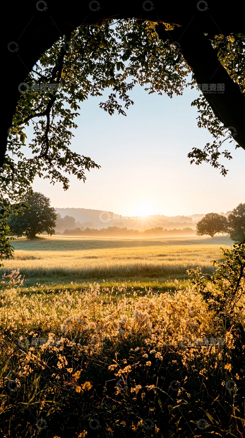高清大图下载【趣麦麦图】晨光中的田野与树木