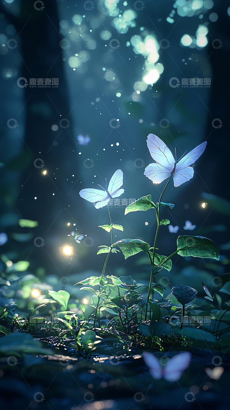 高清大图下载【趣麦麦图】梦幻森林中的蝴蝶与光斑