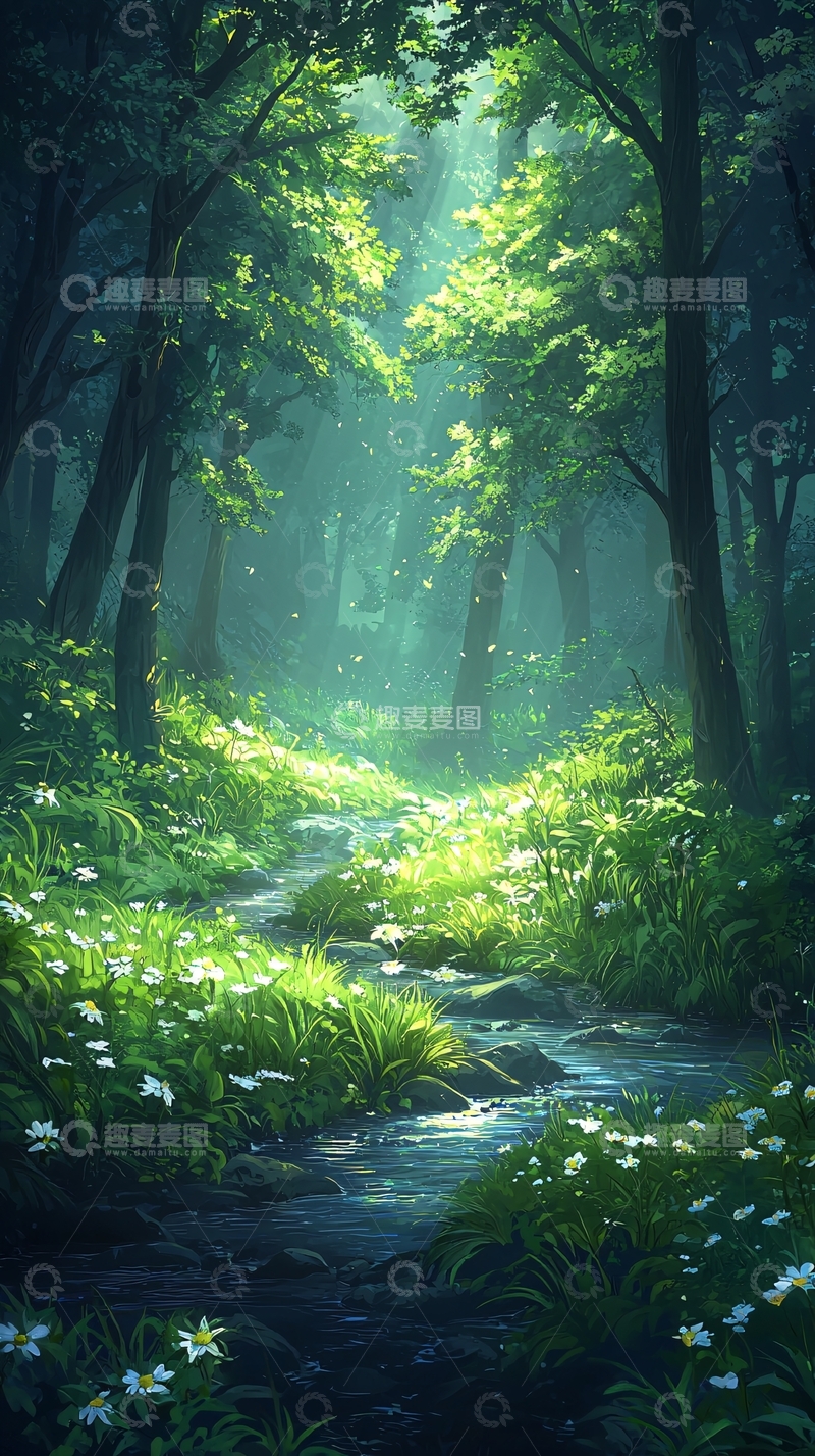 高清大图下载【趣麦麦图】森林小溪阳光明媚
