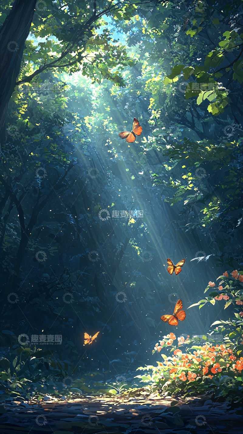 高清大图下载【趣麦麦图】森林中的阳光与蝴蝶