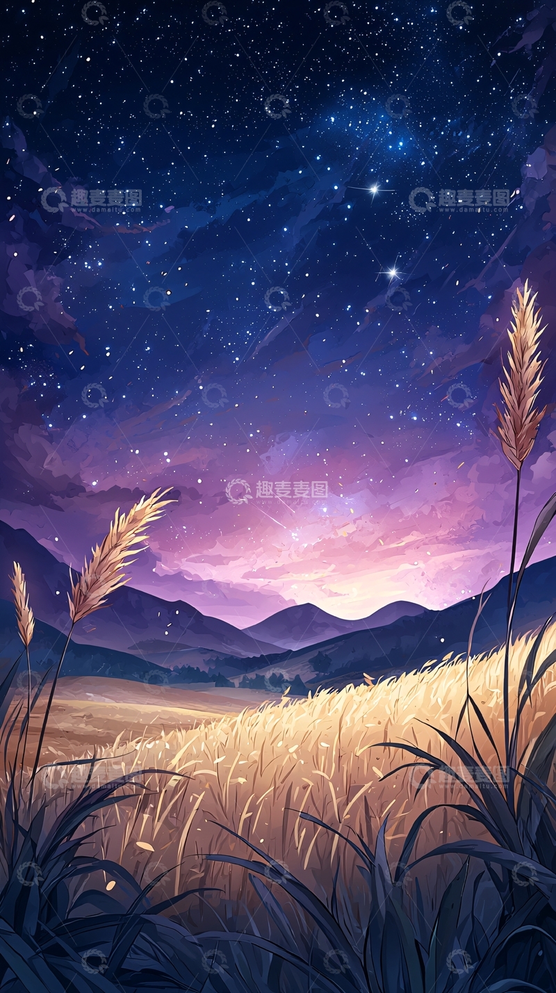 高清大图下载【趣麦麦图】夜空下的麦田