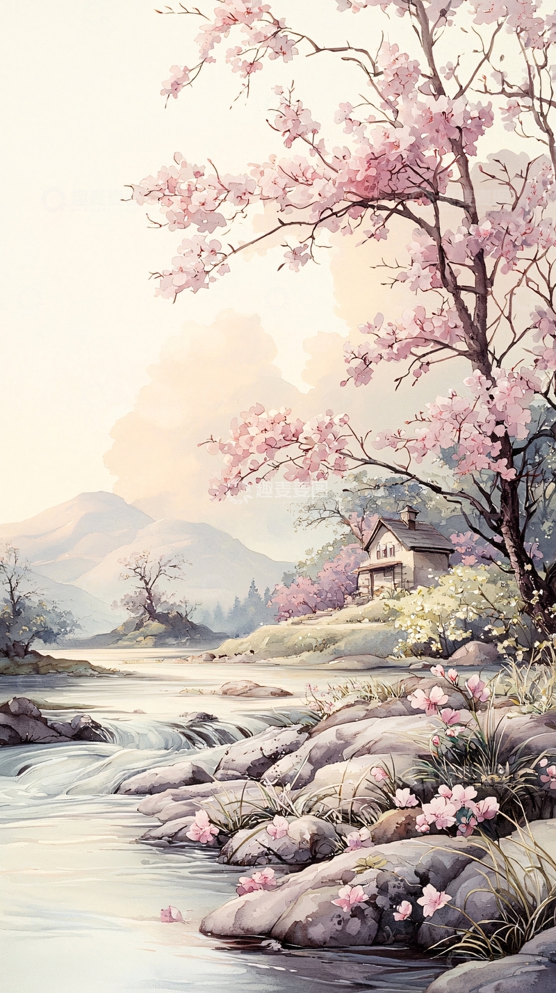 高清大图下载【趣麦麦图】春日河边小屋风景画