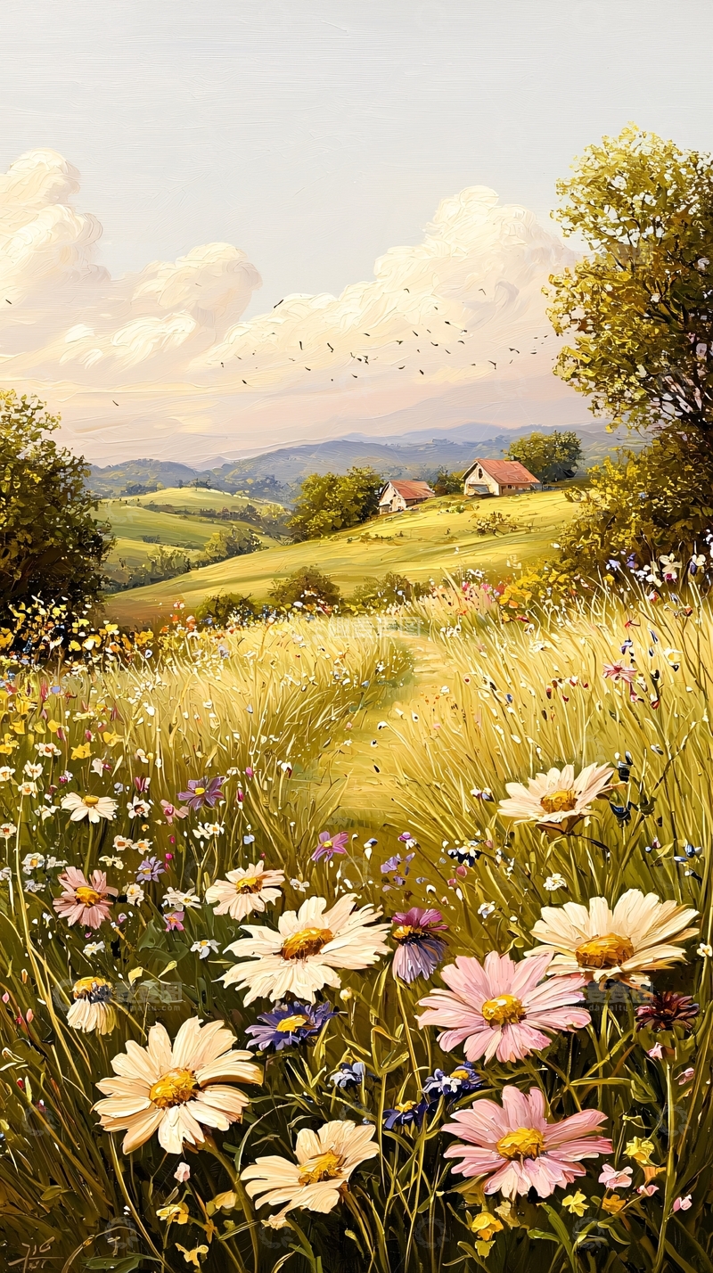 高清大图下载【趣麦麦图】乡村田野上的野花与小屋