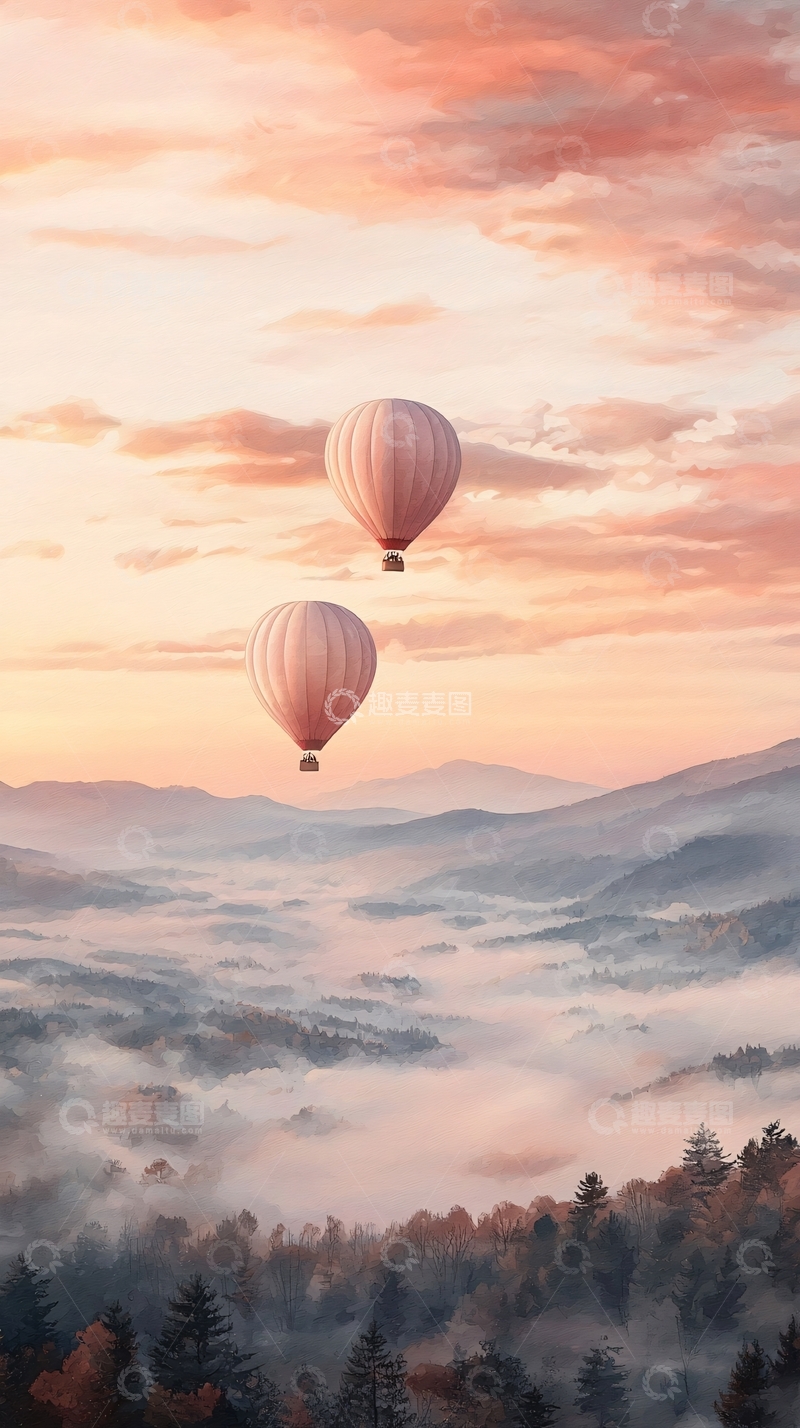 高清大图下载【趣麦麦图】热气球与晨雾山景
