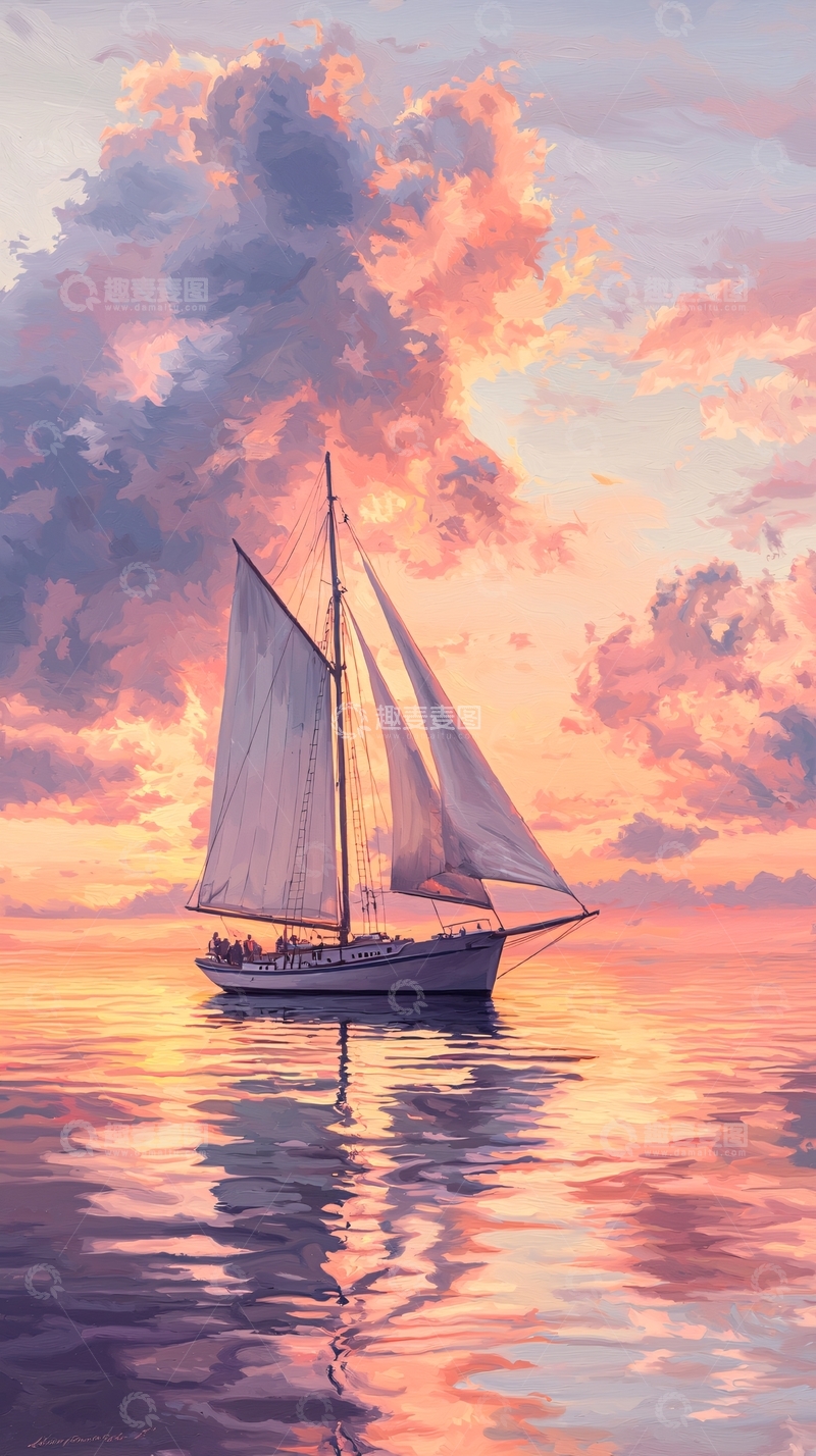 高清大图下载【趣麦麦图】日落帆船海景艺术画