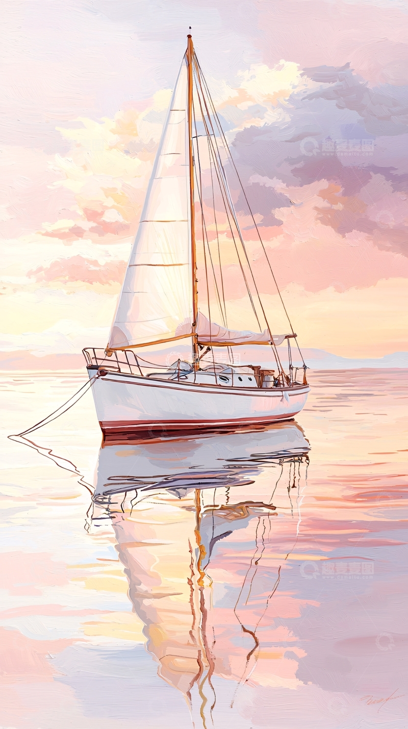 高清大图下载【趣麦麦图】帆船日落静谧水面