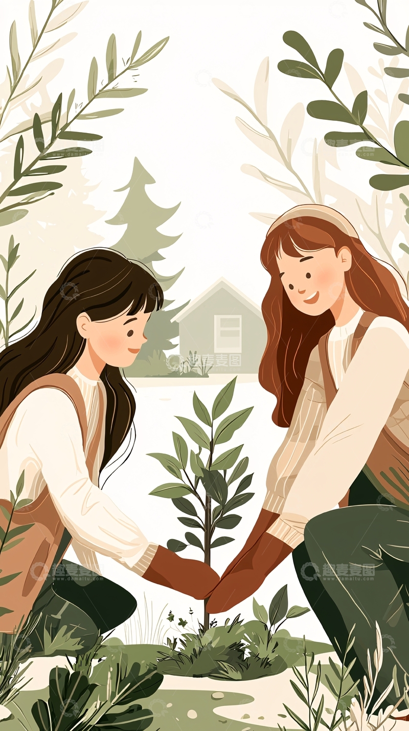 高清大图下载【趣麦麦图】植树节快乐：姐妹共植新绿