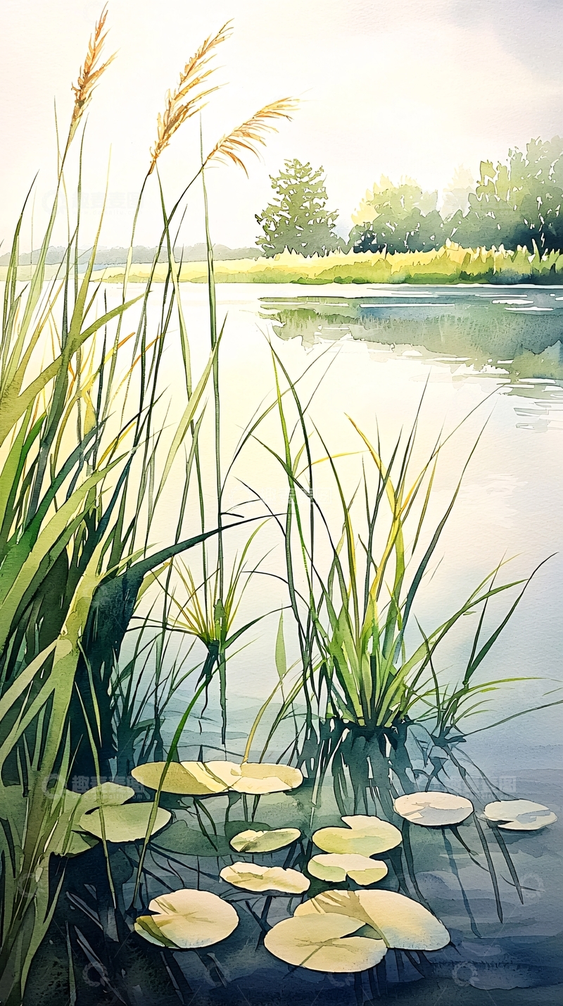高清大图下载【趣麦麦图】湖畔芦苇与睡莲