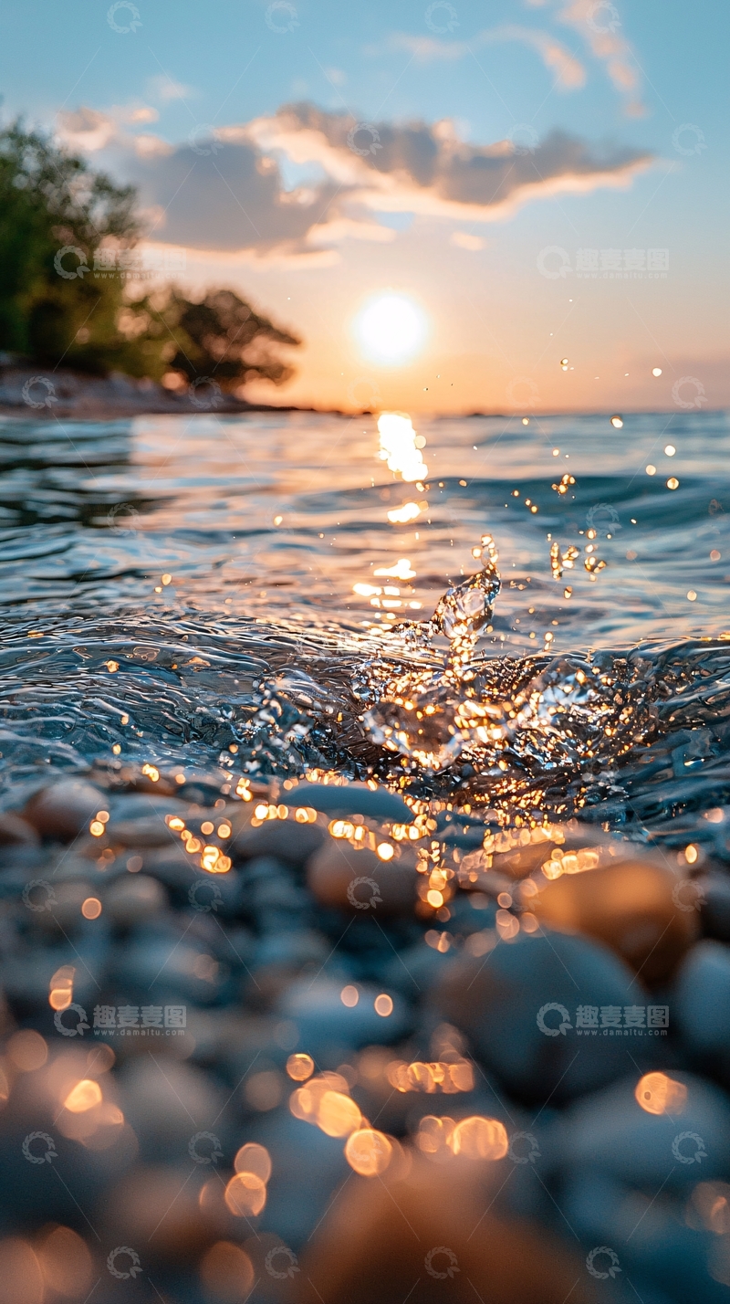 高清大图下载【趣麦麦图】日落海浪石滩光影