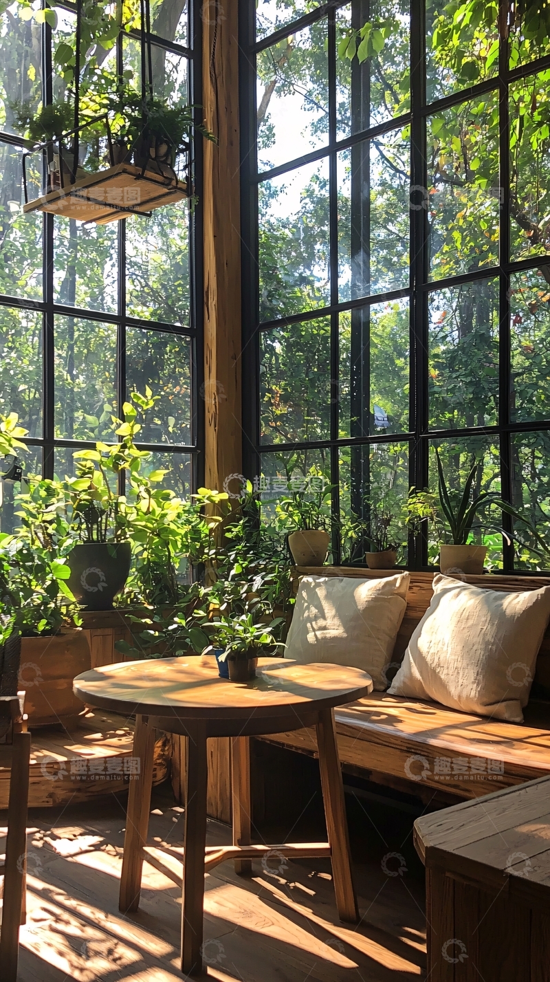 高清大图下载【趣麦麦图】阳光透过大窗洒进室内植物园