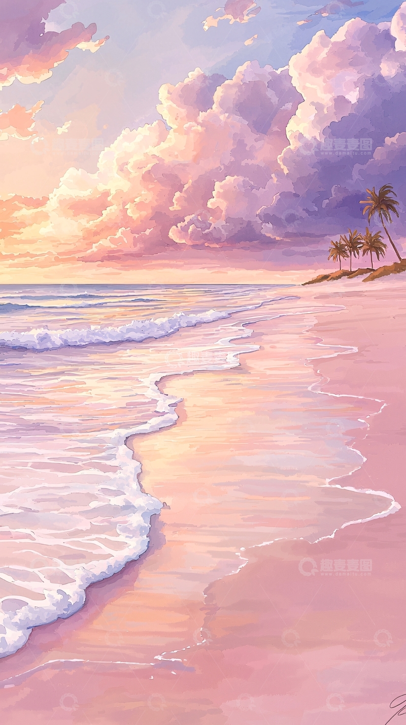 高清大图下载【趣麦麦图】粉色海滩日落风景画