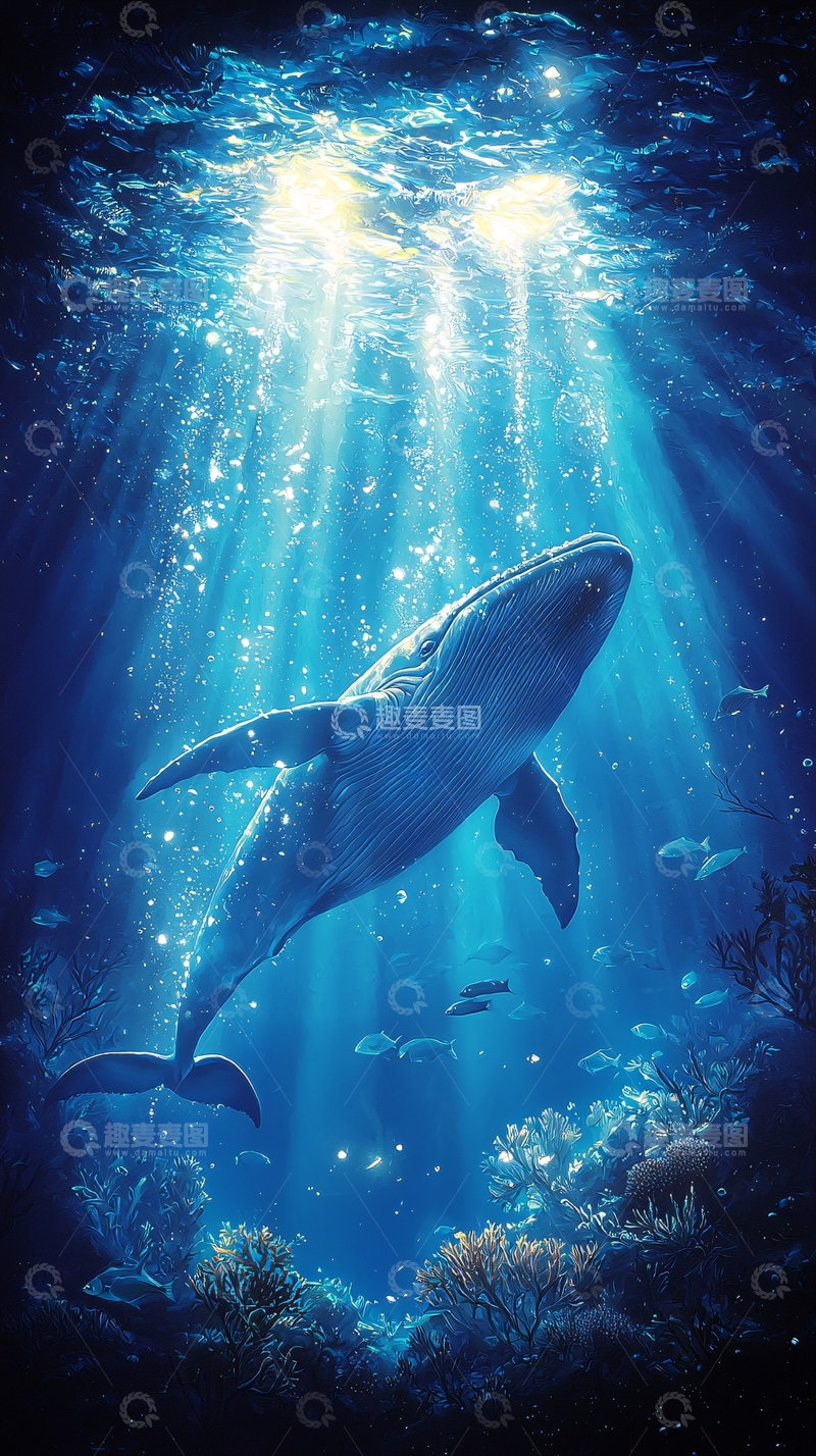 高清大图下载【趣麦麦图】深海鲸鱼与光束