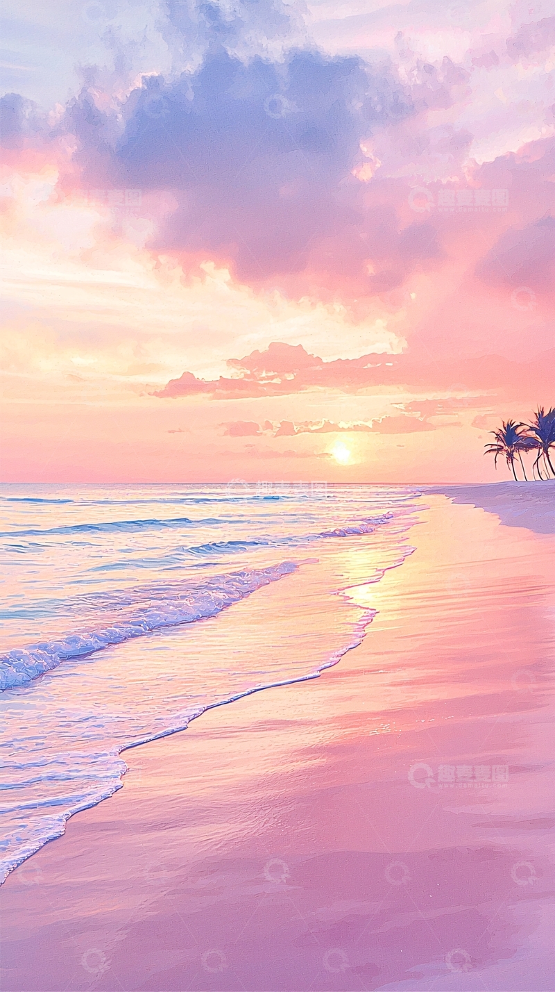 高清大图下载【趣麦麦图】夕阳海滩椰树风景