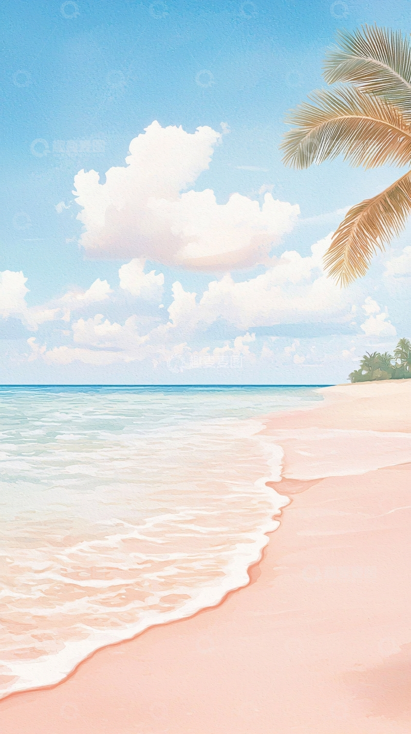 高清大图下载【趣麦麦图】粉色沙滩椰树蓝天海景